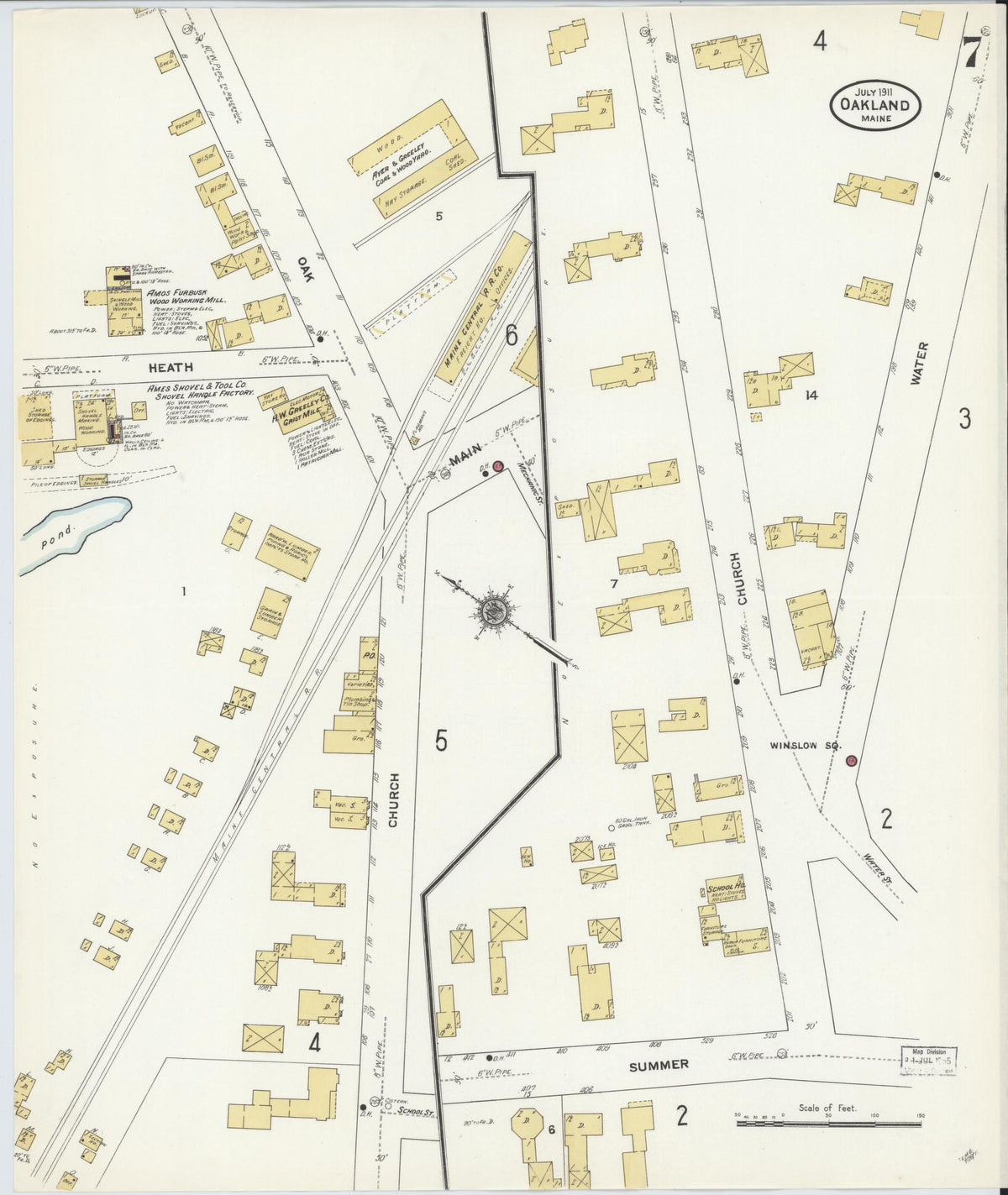 Sanborn Fire Insurance Map from Oakland, Kennebec County, Maine (1911), Sheet #0007 - Complete Map Set gallery image, historic Sanborn map, vintage wall art, Maine Maine