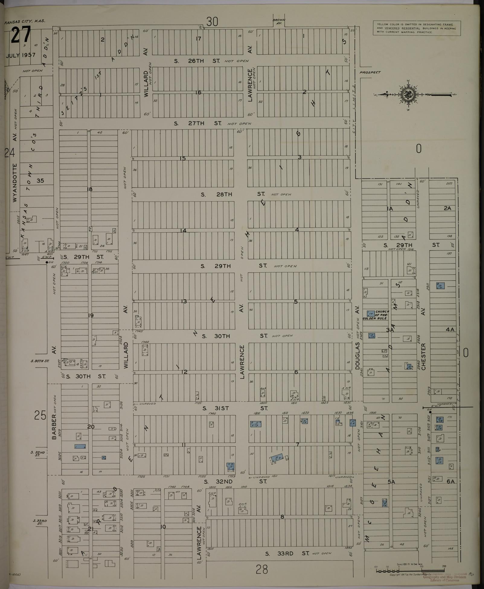 Sanborn Fire Insurance Map from Kansas City, Wyandotte County, Kansas (1957), Sheet #0027 - Complete Map Set gallery image, historic Sanborn map, vintage wall art, Kansas Kansas