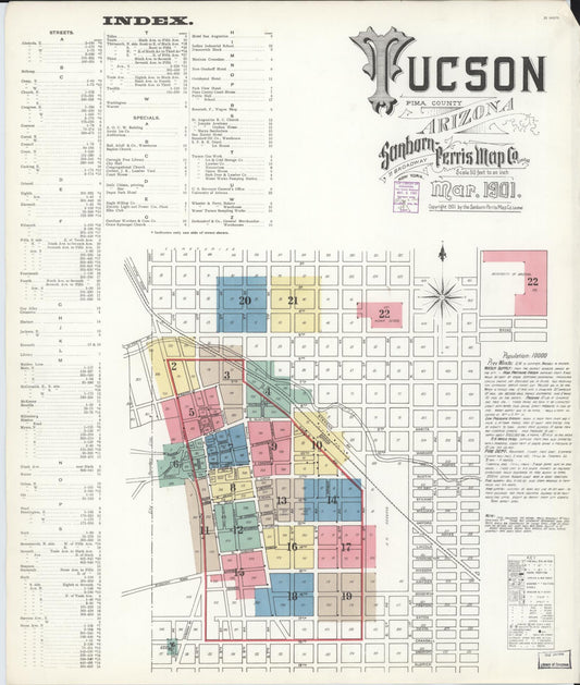 Sanborn Fire Insurance Map from Tucson, Pima County, Arizona (1901), Sheet #0001 - Historic Sanborn Fire Insurance Map Print, vintage old map wall art, antique decor, genealogy gift, Arizona Arizona map