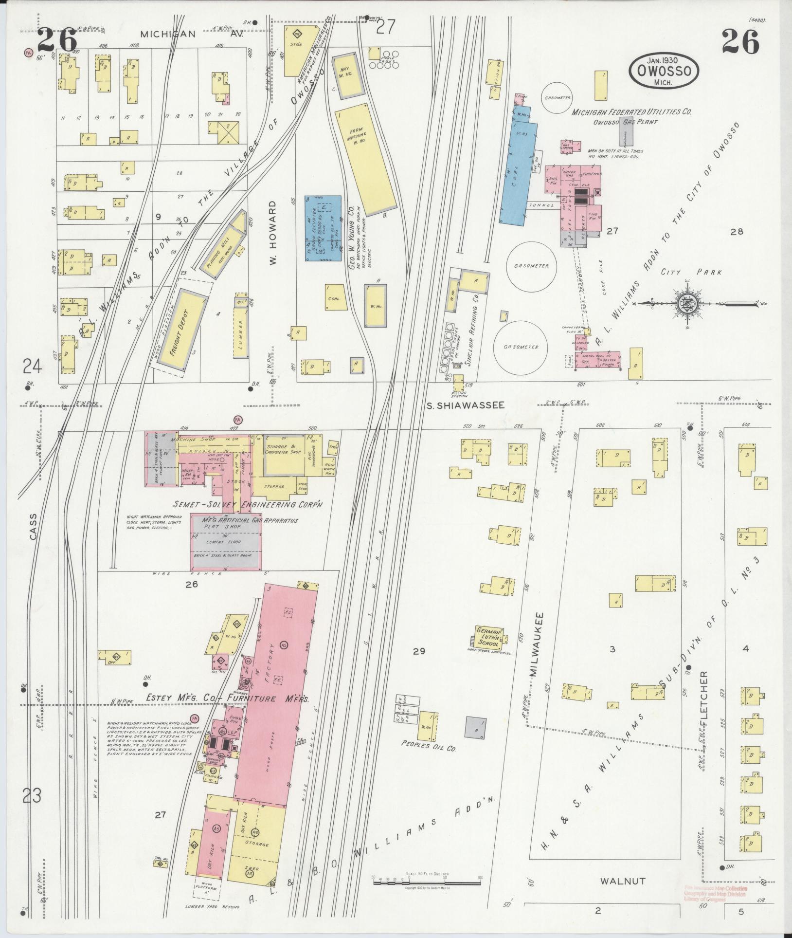 Sanborn Fire Insurance Map from Owosso, Shiawassee County, Michigan (1930), Sheet #0026 - Complete Map Set gallery image, historic Sanborn map, vintage wall art, Michigan Michigan