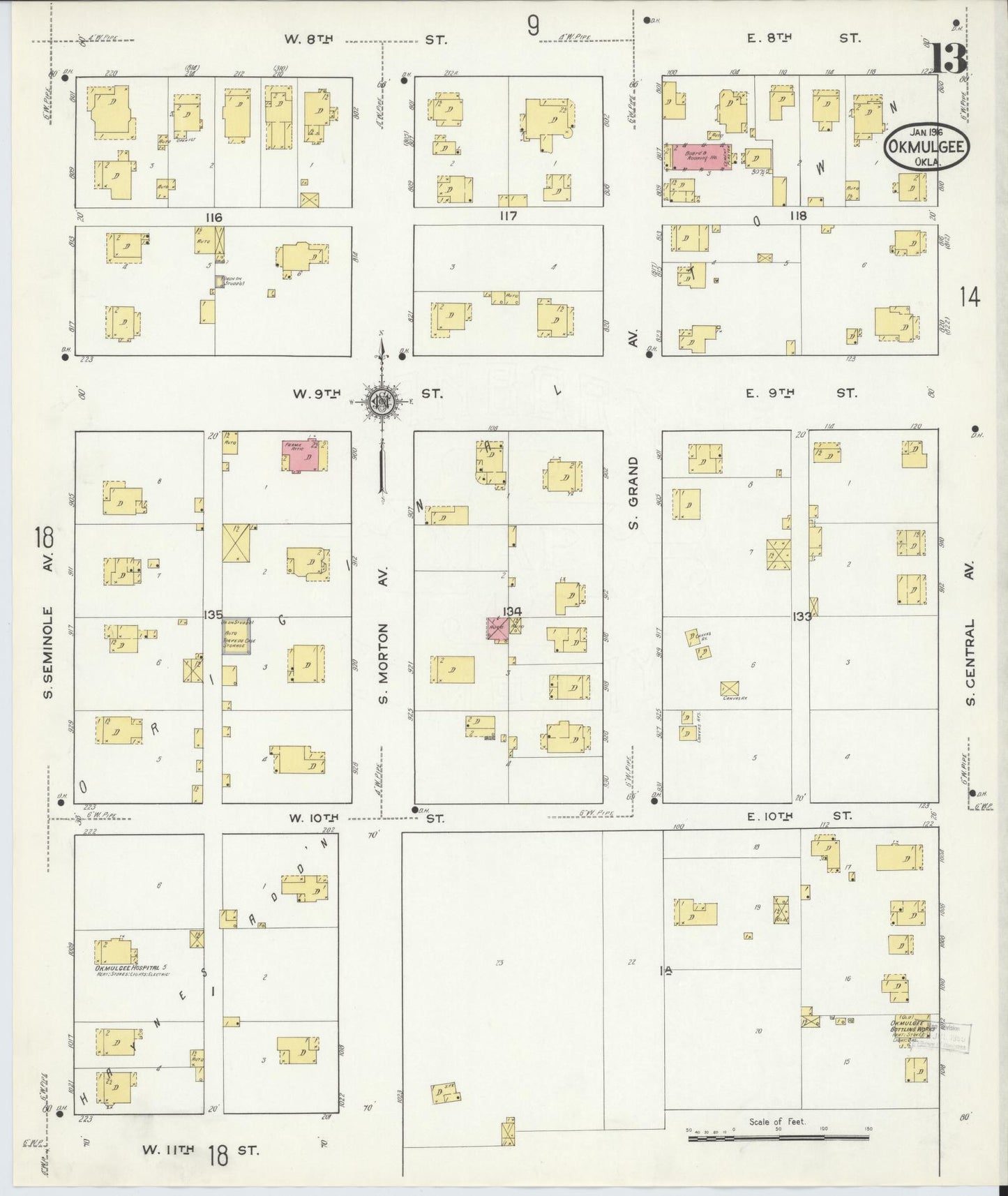 Sanborn Fire Insurance Map from Okmulgee, Okmulgee County, Oklahoma (1916), Sheet #0013 - Complete Map Set gallery image, historic Sanborn map, vintage wall art, Oklahoma Oklahoma