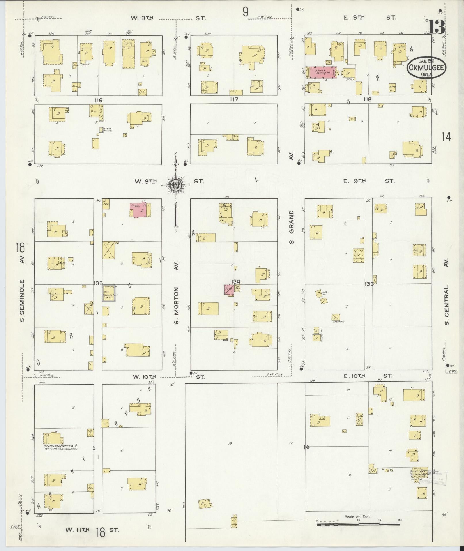 Sanborn Fire Insurance Map from Okmulgee, Okmulgee County, Oklahoma (1916), Sheet #0013 - Complete Map Set gallery image, historic Sanborn map, vintage wall art, Oklahoma Oklahoma