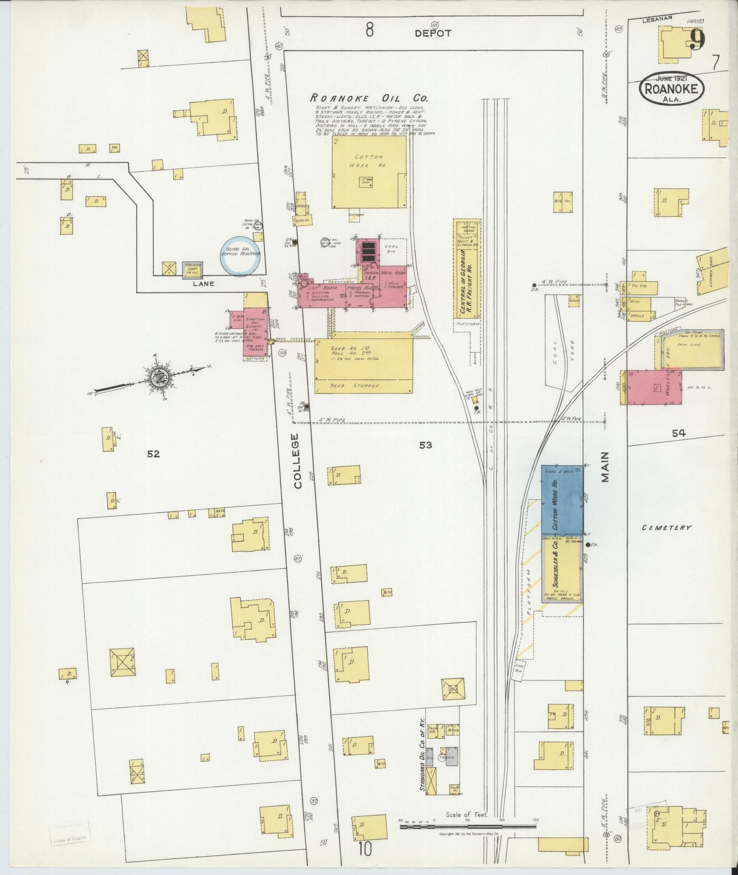 Sanborn Fire Insurance Map from Roanoke, Randolph County, Alabama (1921), Sheet #0009 - Complete Map Set gallery image, historic Sanborn map, vintage wall art, Alabama Alabama