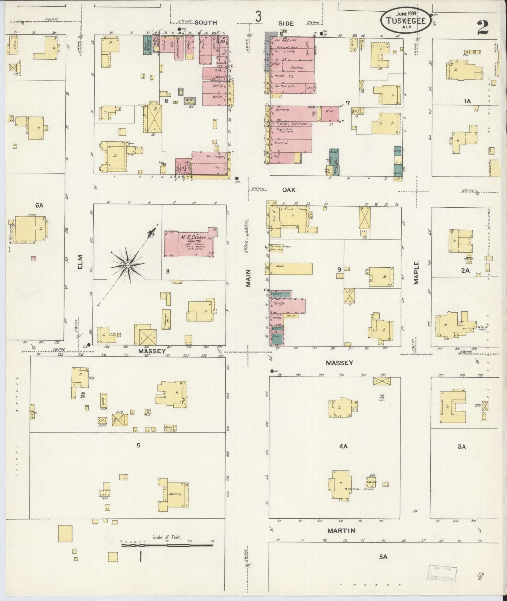 Sanborn Fire Insurance Map from Tuskegee, Macon County, Alabama (1909), Sheet #0002 - Historic Sanborn Fire Insurance Map Print, vintage old map wall art, antique decor, genealogy gift, Alabama Alabama map