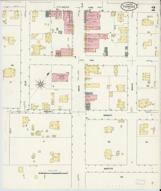 Sanborn Fire Insurance Map from Tuskegee, Macon County, Alabama (1909), Sheet #0002 - Historic Sanborn Fire Insurance Map Print, vintage old map wall art, antique decor, genealogy gift, Alabama Alabama map