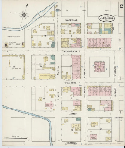 Sanborn Fire Insurance Map from Cleburne, Johnson County, Texas (1888), Sheet #0002 - Complete Map Set gallery image, historic Sanborn map, vintage wall art, Texas Texas