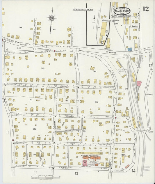 Sanborn Fire Insurance Map from Manchester, Hartford County, Connecticut (1919), Sheet #0012 - Historic Sanborn Fire Insurance Map Print, vintage old map wall art, antique decor, genealogy gift, Connecticut Connecticut map