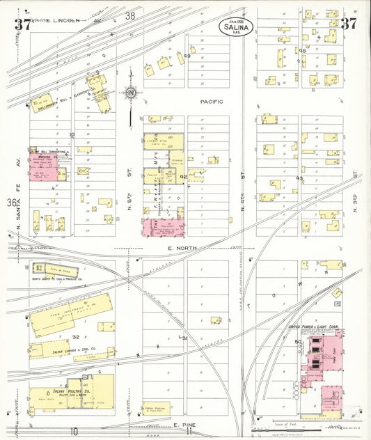 Sanborn Fire Insurance Map from Salina, Saline County, Kansas (1926), Sheet #0037 - Historic Sanborn Fire Insurance Map Print, vintage old map wall art, antique decor, genealogy gift, Kansas Kansas map