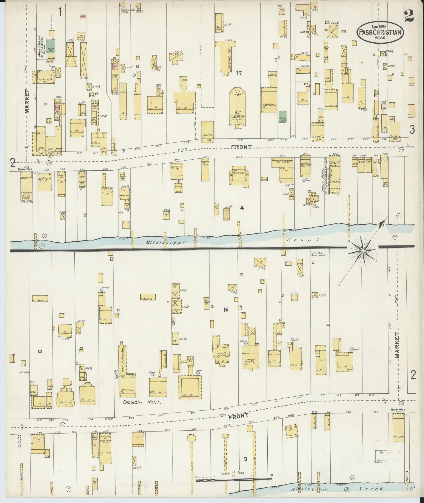 Sanborn Fire Insurance Map from Pass Christian, Harrison County, Mississippi (1898), Sheet #0002 - Historic Sanborn Fire Insurance Map Print, vintage old map wall art, antique decor, genealogy gift, Mississippi Mississippi map