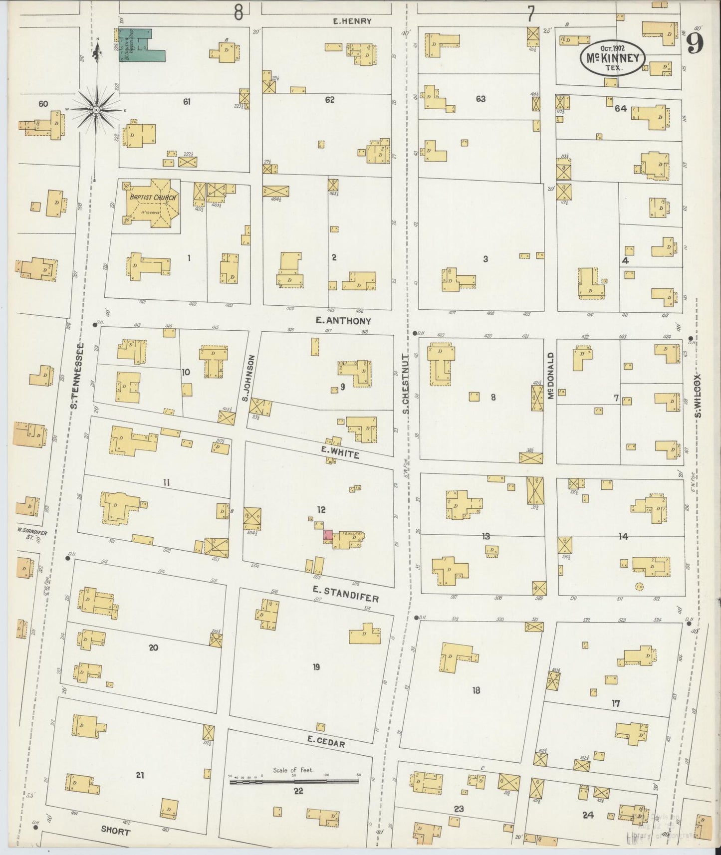 Sanborn Fire Insurance Map from McKinney, Collin County, Texas (1902), Sheet #0009 - Historic Sanborn Fire Insurance Map Print, vintage old map wall art, antique decor, genealogy gift, Texas Texas map