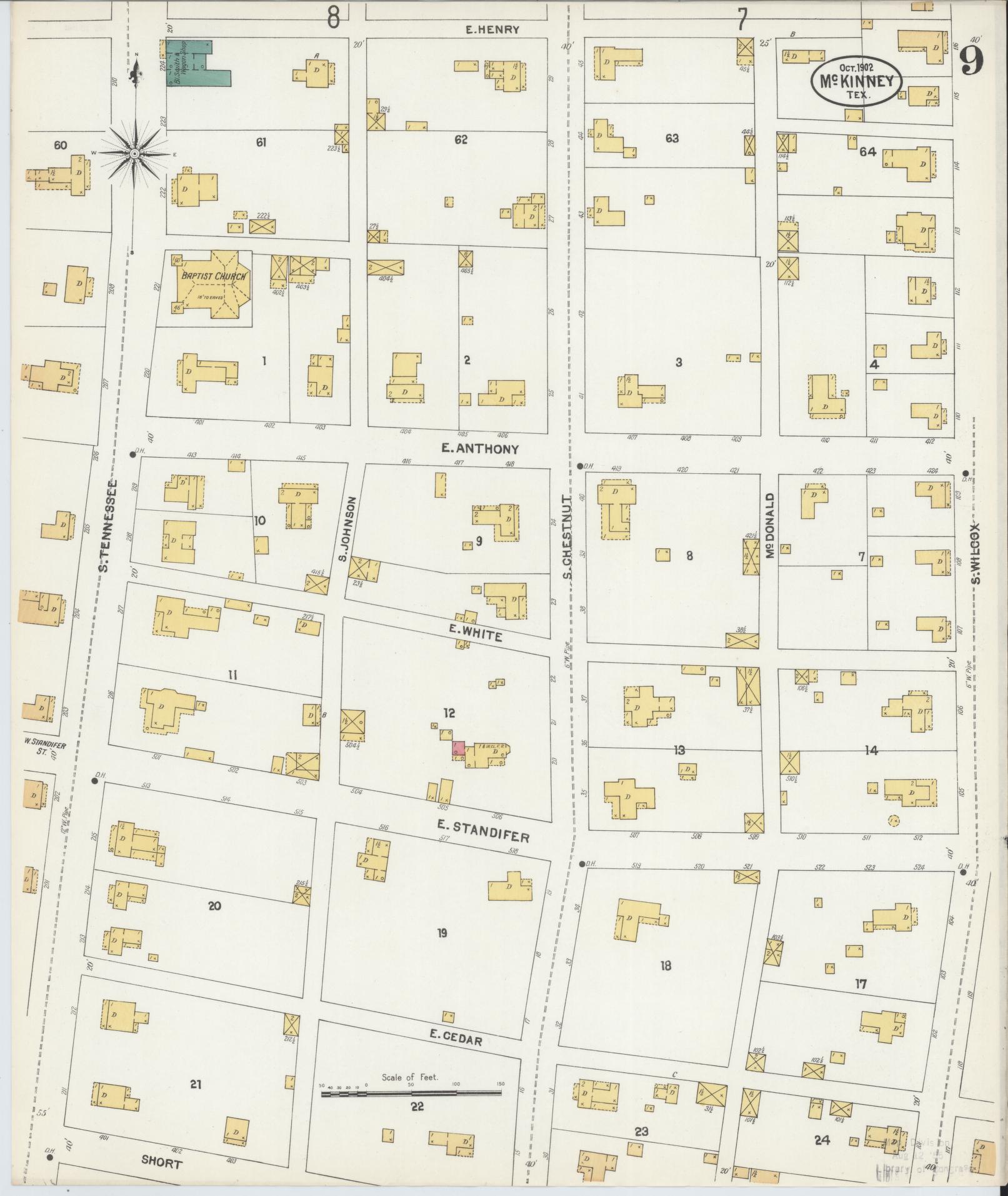 Sanborn Fire Insurance Map from McKinney, Collin County, Texas (1902), Sheet #0009 - Historic Sanborn Fire Insurance Map Print, vintage old map wall art, antique decor, genealogy gift, Texas Texas map