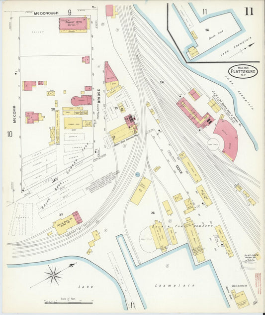 Sanborn Fire Insurance Map from Plattsburg, Clinton County, New York (1909), Sheet #0010 - Historic Sanborn Fire Insurance Map Print, vintage old map wall art, antique decor, genealogy gift, New York New York map