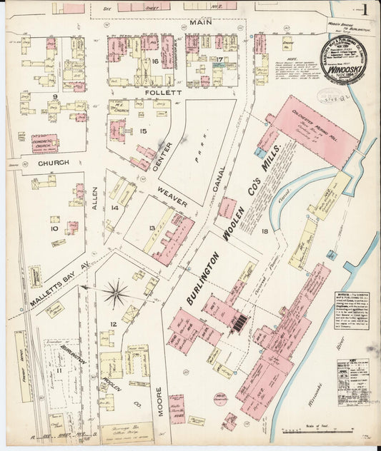 Sanborn Fire Insurance Map from Winooski, Chittenden County, Vermont (1884), Sheet #0001 - Historic Sanborn Fire Insurance Map Print, vintage old map wall art, antique decor, genealogy gift, Vermont Vermont map