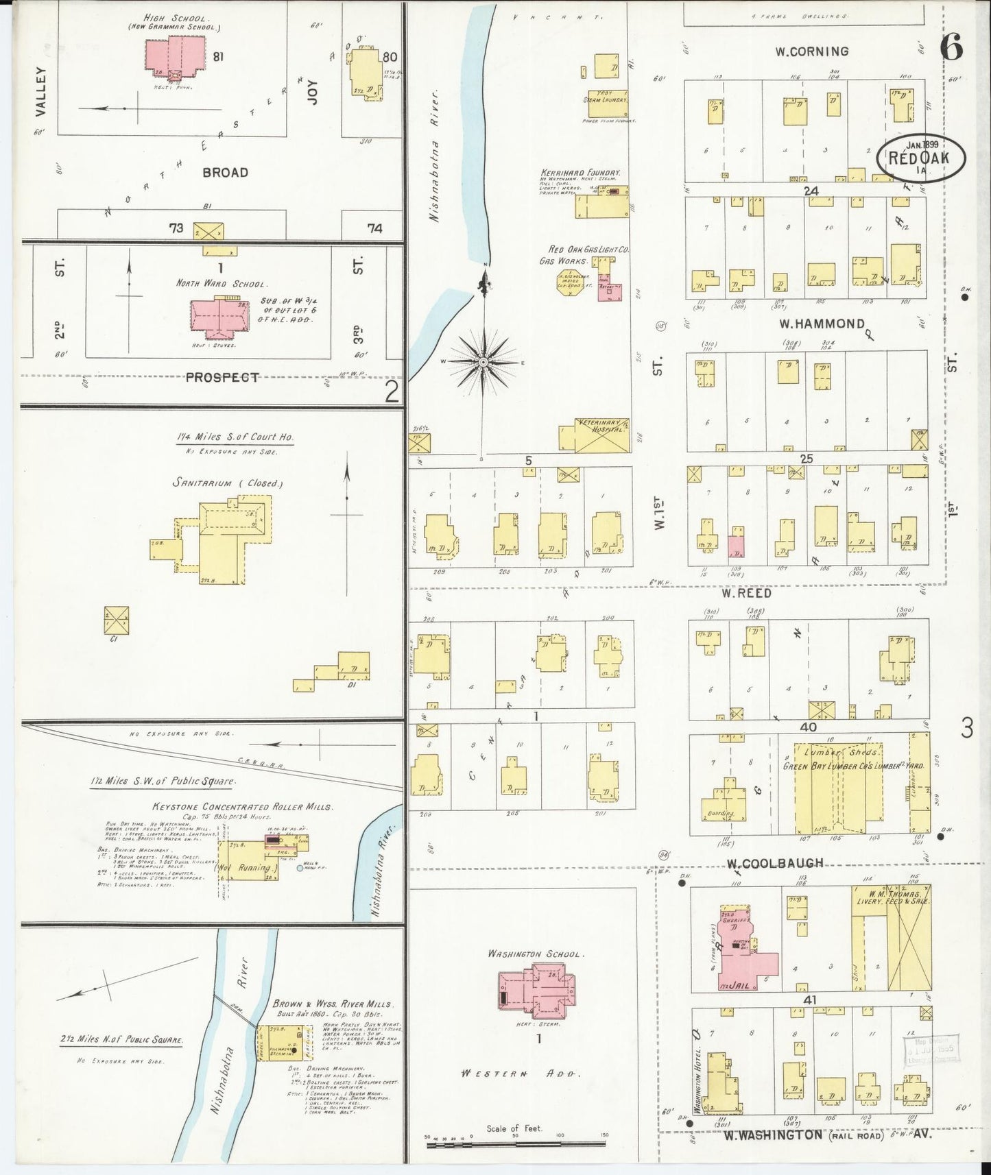 Sanborn Fire Insurance Map from Red Oak, Montgomery County, Iowa (1899), Sheet #0006 - Historic Sanborn Fire Insurance Map Print, vintage old map wall art