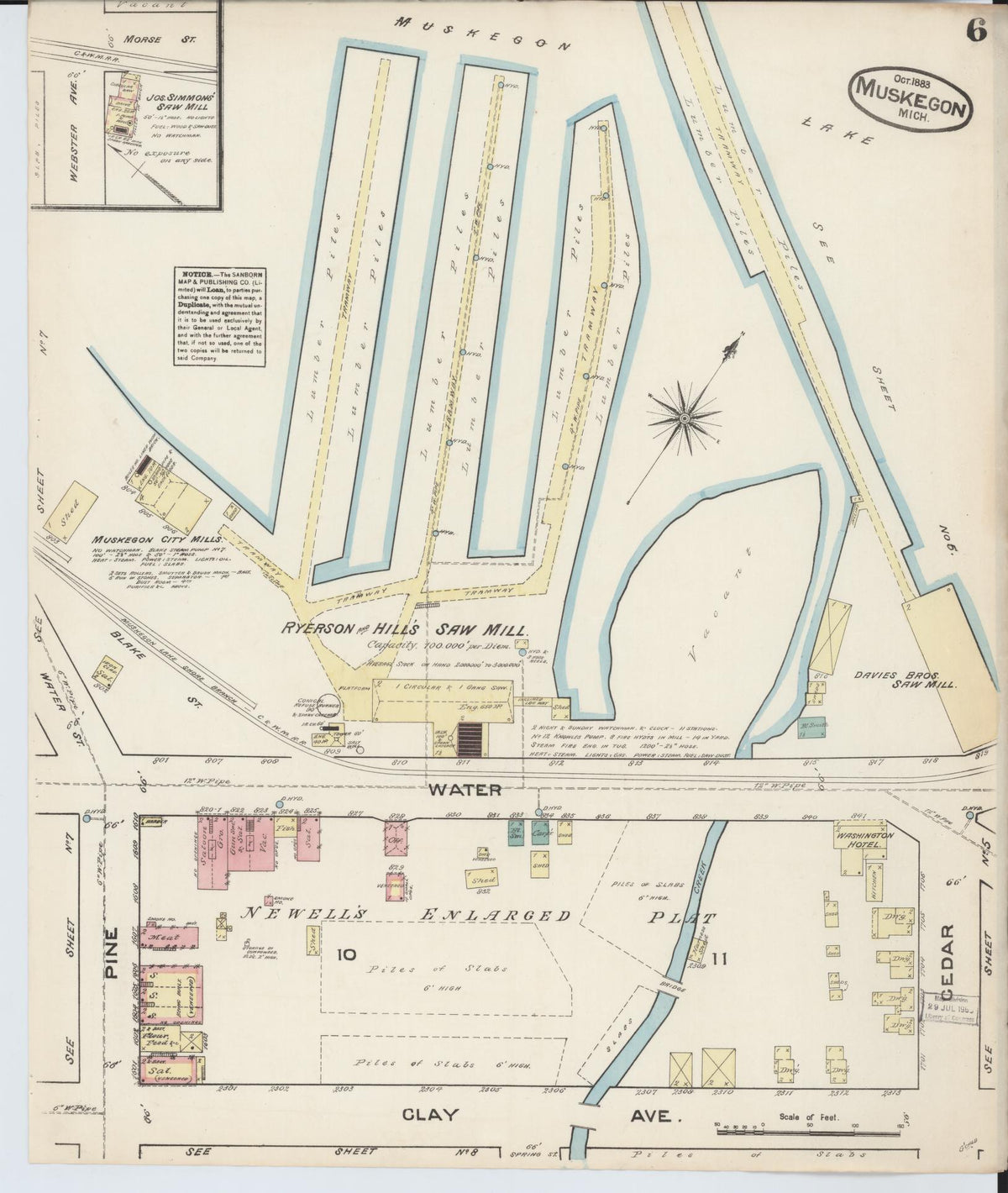 Sanborn Fire Insurance Map from Muskegon, Muskegon County, Michigan (1883), Sheet #0006 - Historic Sanborn Fire Insurance Map Print, vintage old map wall art, antique decor, genealogy gift, Michigan Michigan map