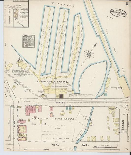 Sanborn Fire Insurance Map from Muskegon, Muskegon County, Michigan (1883), Sheet #0006 - Historic Sanborn Fire Insurance Map Print, vintage old map wall art, antique decor, genealogy gift, Michigan Michigan map