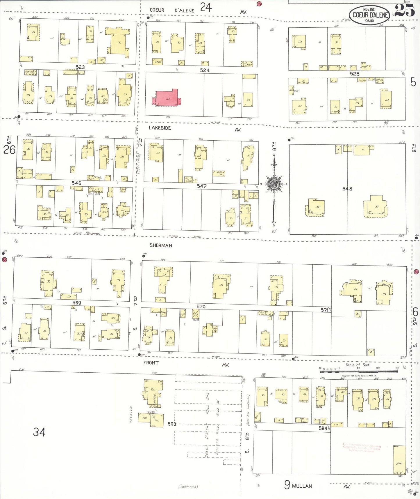 Sanborn Fire Insurance Map from Coeur D'alene, Kootenai County, Idaho (1921), Sheet #0025 - Historic Sanborn Fire Insurance Map Print, vintage old map wall art, antique decor, genealogy gift, Idaho Idaho map