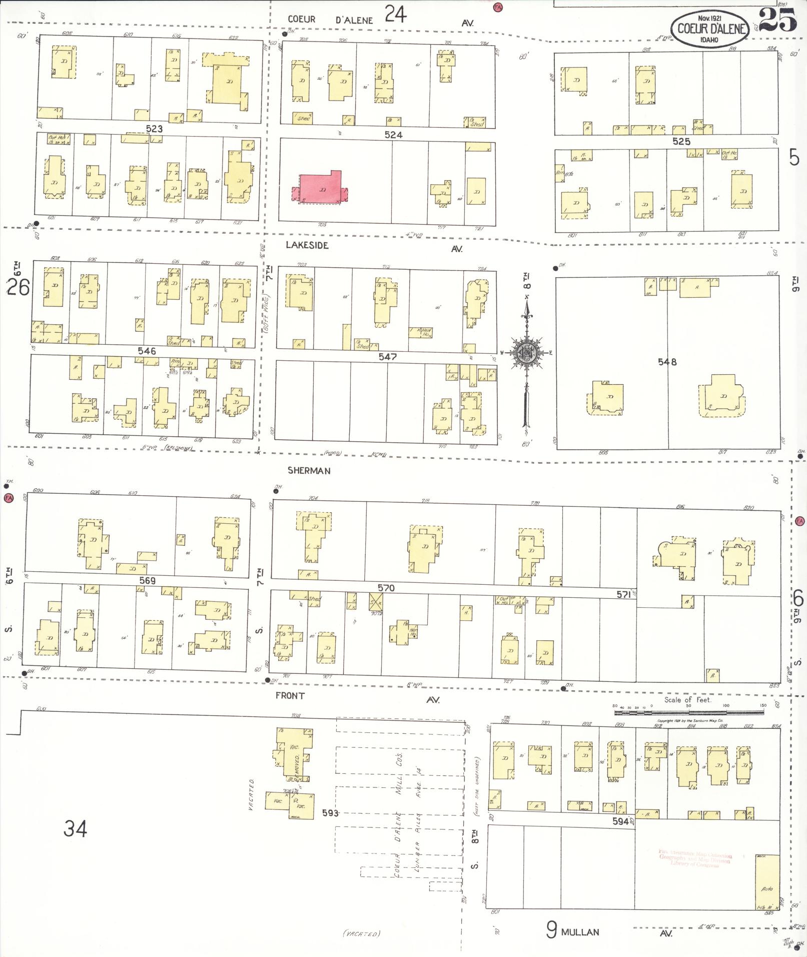 Sanborn Fire Insurance Map from Coeur D'alene, Kootenai County, Idaho (1921), Sheet #0025 - Historic Sanborn Fire Insurance Map Print, vintage old map wall art, antique decor, genealogy gift, Idaho Idaho map