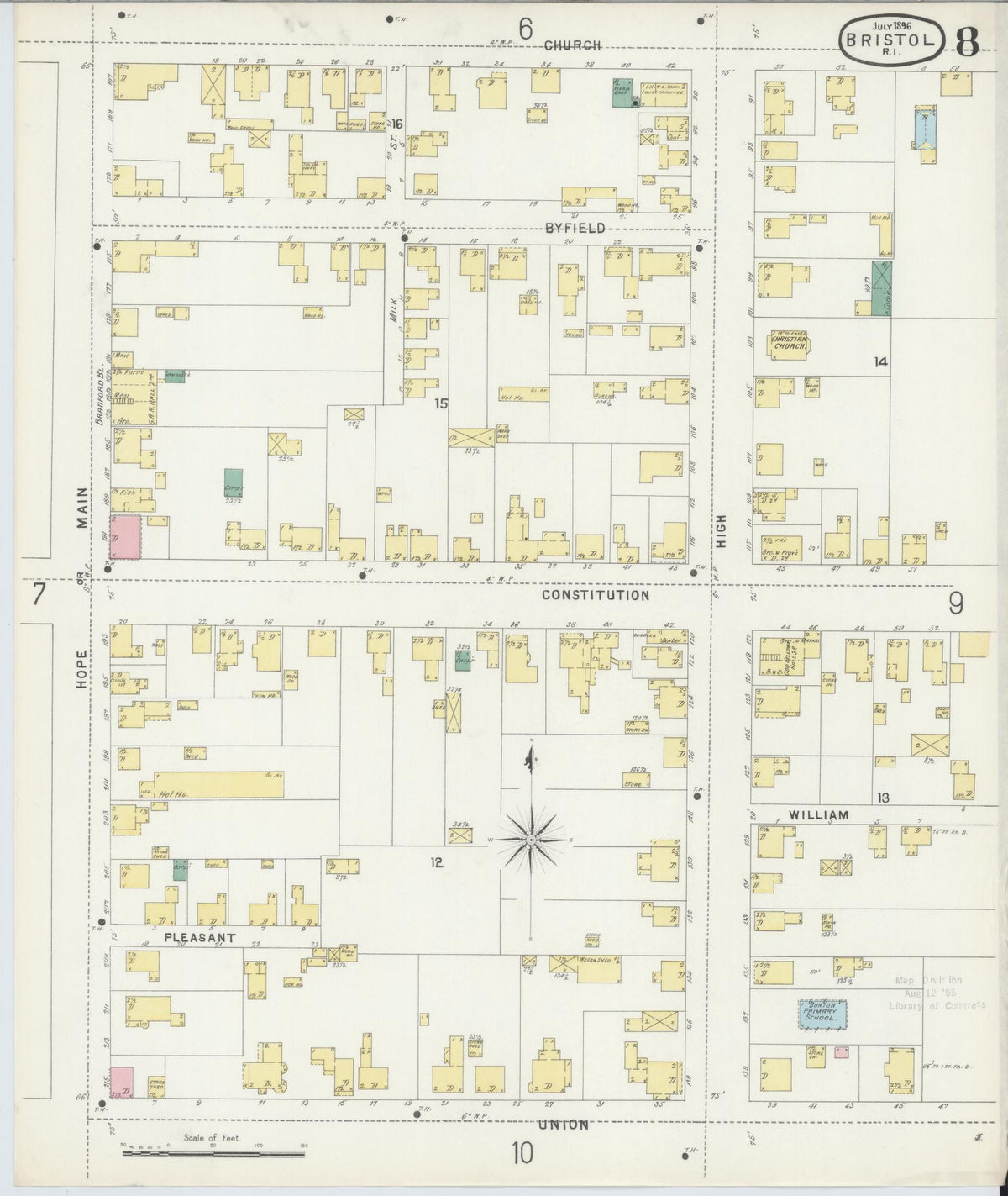 Sanborn Fire Insurance Map from Bristol, Bristol County, Rhode Island (1896), Sheet #0008 - Complete Map Set gallery image, historic Sanborn map, vintage wall art, Rhode Island Rhode Island