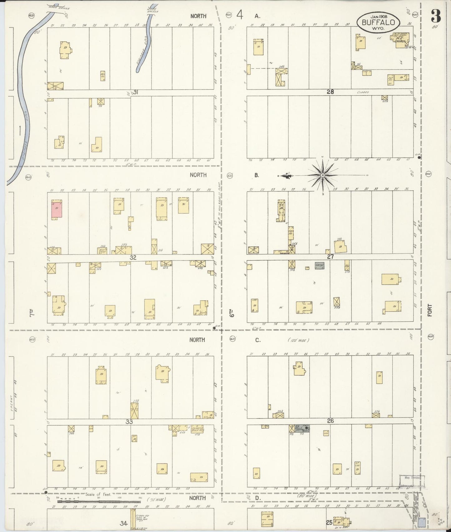 Sanborn Fire Insurance Map from Buffalo, Johnson County, Wyoming (1908), Sheet #0003 - Complete Map Set gallery image, historic Sanborn map, vintage wall art, Wyoming Wyoming