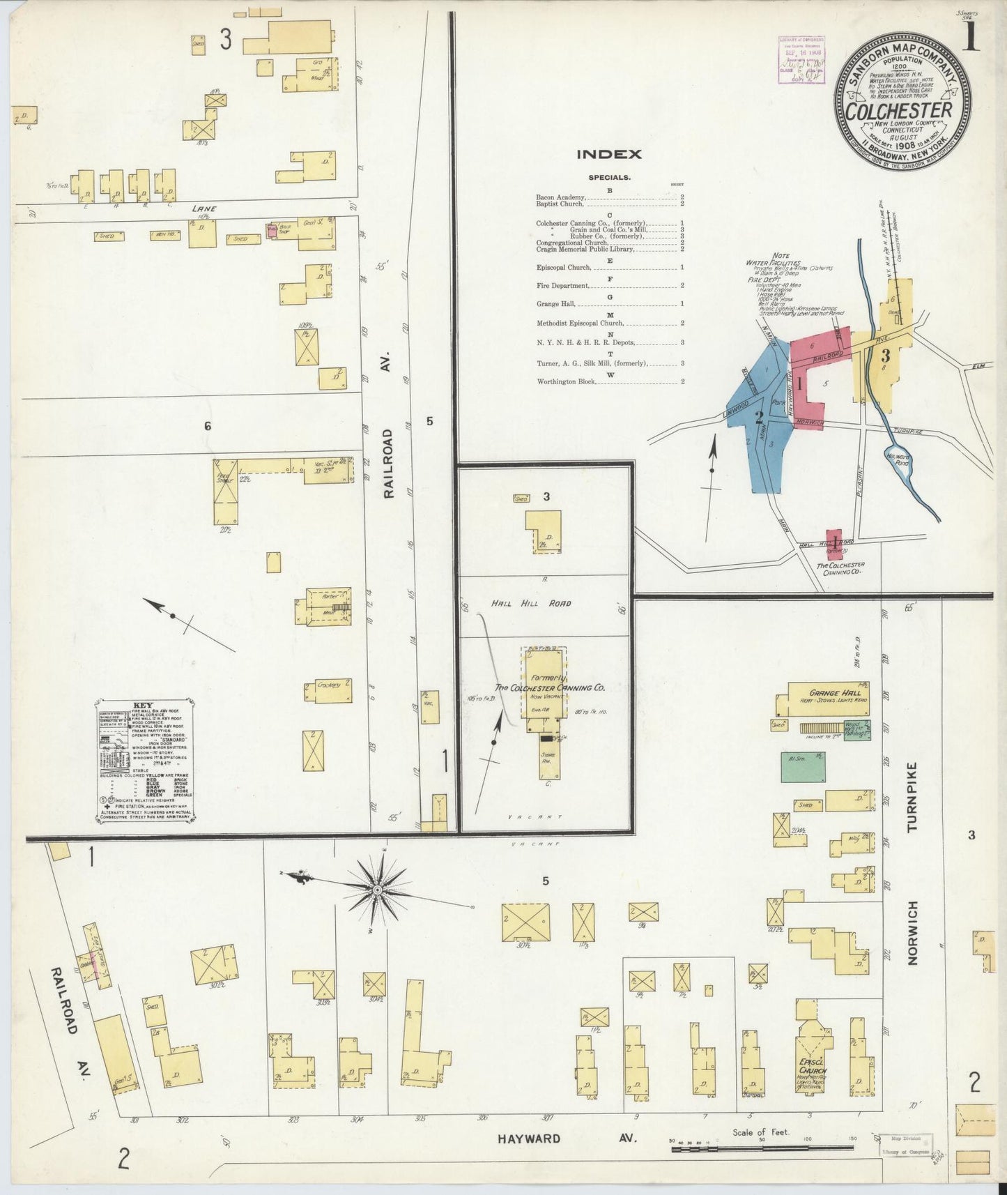 Sanborn Fire Insurance Map from Colchester, New London County, Connecticut (1908), Sheet #0001 - Historic Sanborn Fire Insurance Map Print, vintage old map wall art, antique decor, genealogy gift, Connecticut Connecticut map
