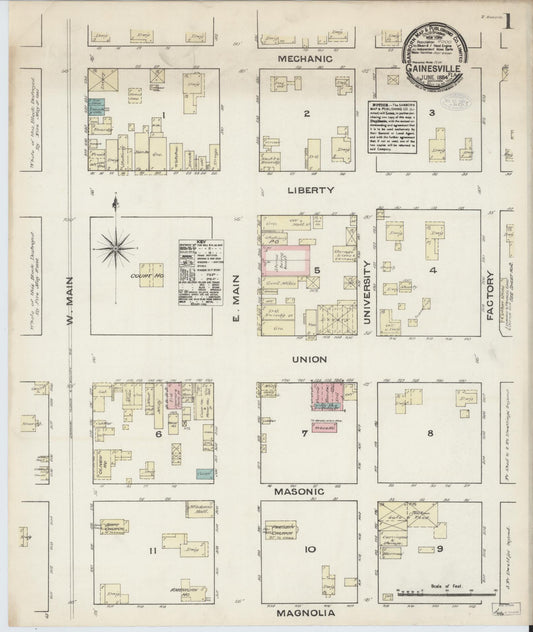 Sanborn Fire Insurance Map from Gainesville, Alachua County, Florida (1884), Sheet #0001 - Historic Sanborn Fire Insurance Map Print, vintage old map wall art, antique decor, genealogy gift, Florida Florida map