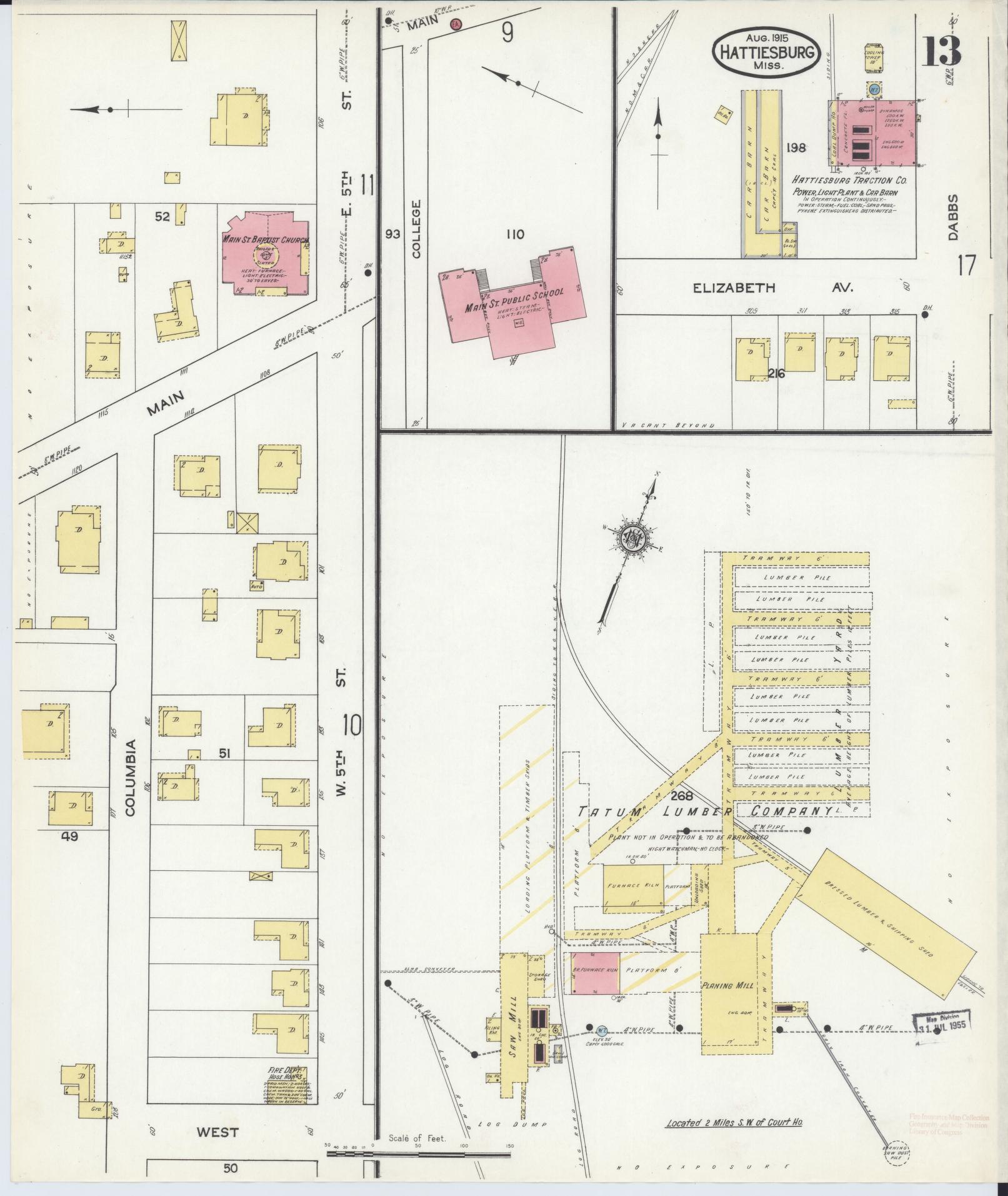 Sanborn Fire Insurance Map from Hattiesburg, Forrest County, Mississippi (1915), Sheet #0013 - Historic Sanborn Fire Insurance Map Print, vintage old map wall art, antique decor, genealogy gift, Mississippi Mississippi map