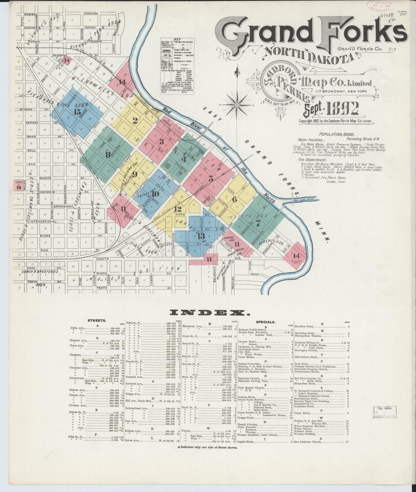 Sanborn Fire Insurance Map from Grand Forks, Grand Forks County, North Dakota (1892), Sheet #0001 - Historic Sanborn Fire Insurance Map Print, vintage old map wall art, antique decor, genealogy gift, North Dakota North Dakota map