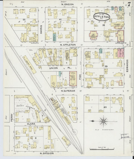 Sanborn Fire Insurance Map from Appleton, Outagamie County, Wisconsin (1891), Sheet #0007 - Historic Sanborn Fire Insurance Map Print, vintage old map wall art, antique decor, genealogy gift, Wisconsin Wisconsin map