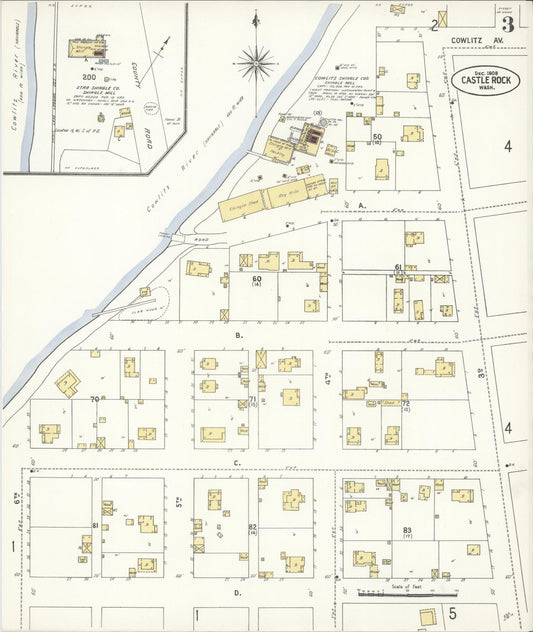 Sanborn Fire Insurance Map from Castle Rock, Cowlitz County, Washington (1908), Sheet #0003 - Historic Sanborn Fire Insurance Map Print, vintage old map wall art, antique decor, genealogy gift, Washington Washington map