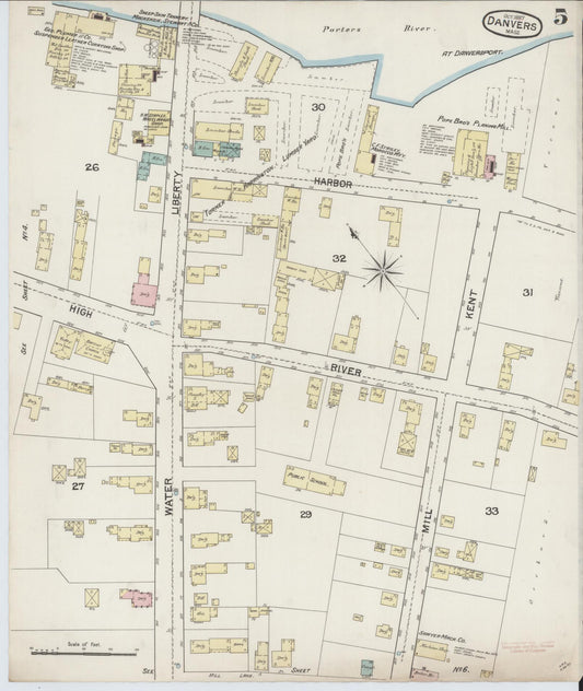 Sanborn Fire Insurance Map from Danvers, Essex County, Massachusetts (1887), Sheet #0005 - Historic Sanborn Fire Insurance Map Print, vintage old map wall art, antique decor, genealogy gift, Massachusetts Massachusetts map