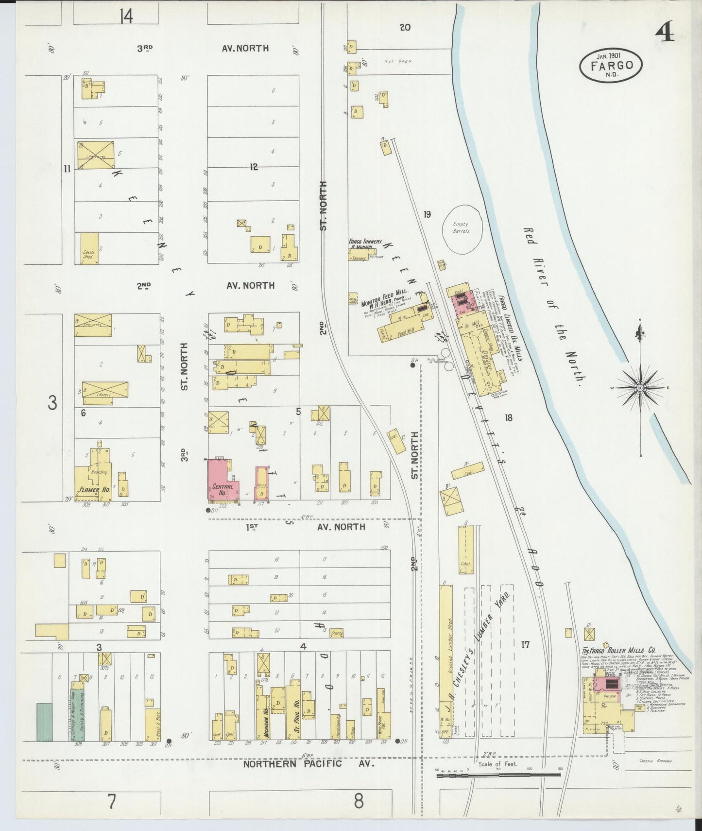 Sanborn Fire Insurance Map from Fargo, Cass County, North Dakota (1901), Sheet #0004 - Historic Sanborn Fire Insurance Map Print, vintage old map wall art, antique decor, genealogy gift, North Dakota North Dakota map