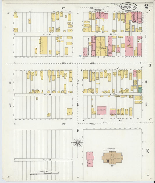 Sanborn Fire Insurance Map from Huntington, Cabell County, West Virginia (1904), Sheet #0002 - Historic Sanborn Fire Insurance Map Print, vintage old map wall art, antique decor, genealogy gift, West Virginia West Virginia map