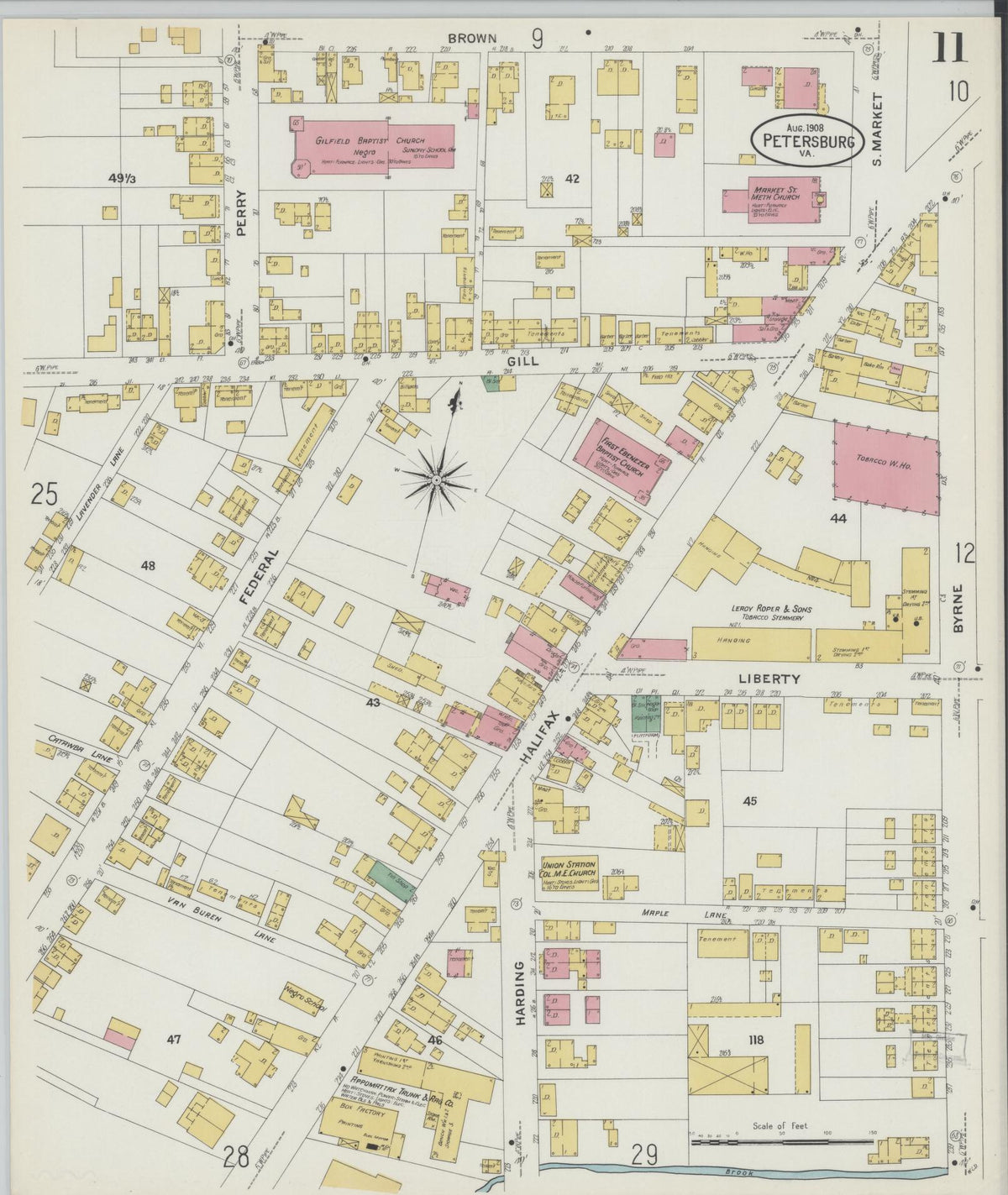 Sanborn Fire Insurance Map from Petersburg, Independent Cities, Virginia (1908), Sheet #0011 - Complete Map Set gallery image, historic Sanborn map, vintage wall art, Virginia Virginia