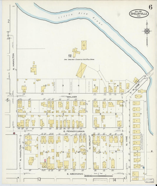 Sanborn Fire Insurance Map from Shelbyville, Shelby County, Indiana (1916), Sheet #0006 - Historic Sanborn Fire Insurance Map Print, vintage old map wall art, antique decor, genealogy gift, Indiana Indiana map