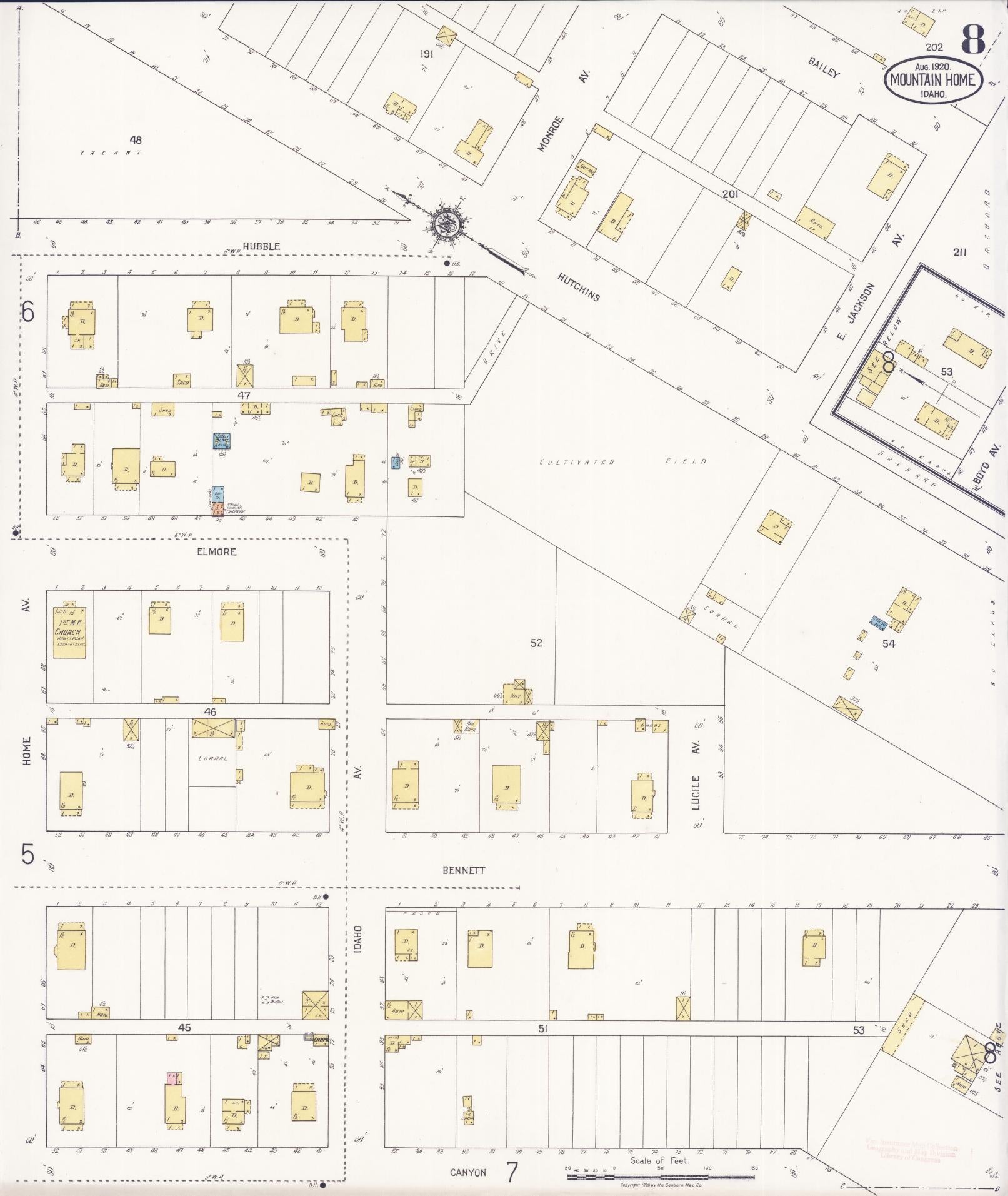 Sanborn Fire Insurance Map from Mountain Home, Elmore County, Idaho (1920), Sheet #0008 - Historic Sanborn Fire Insurance Map Print, vintage old map wall art, antique decor, genealogy gift, Idaho Idaho map