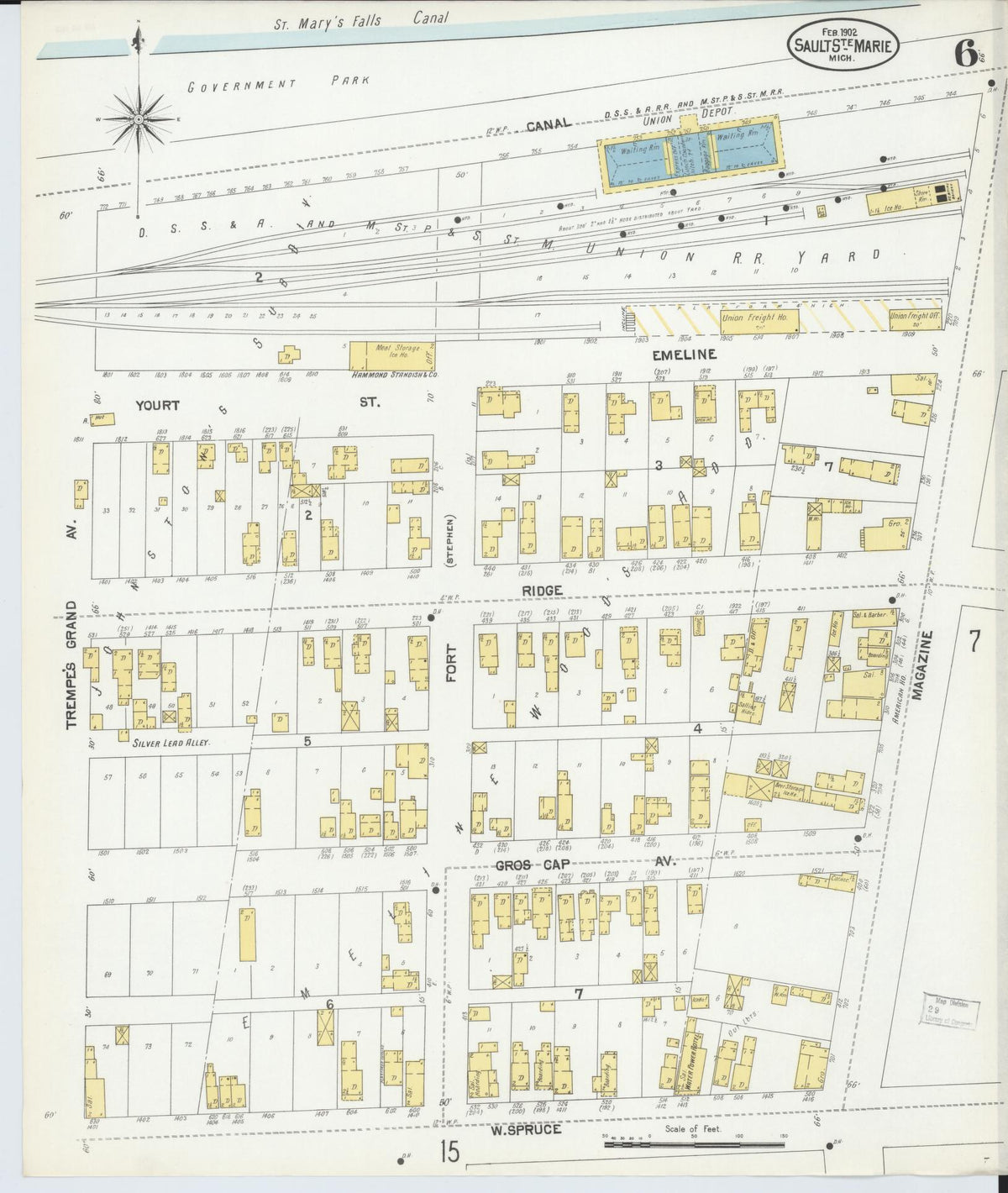 Sanborn Fire Insurance Map from Sault Sainte Marie, Chippewa County, Michigan (1902), Sheet #0006 - Historic Sanborn Fire Insurance Map Print, vintage old map wall art, antique decor, genealogy gift, Michigan Michigan map