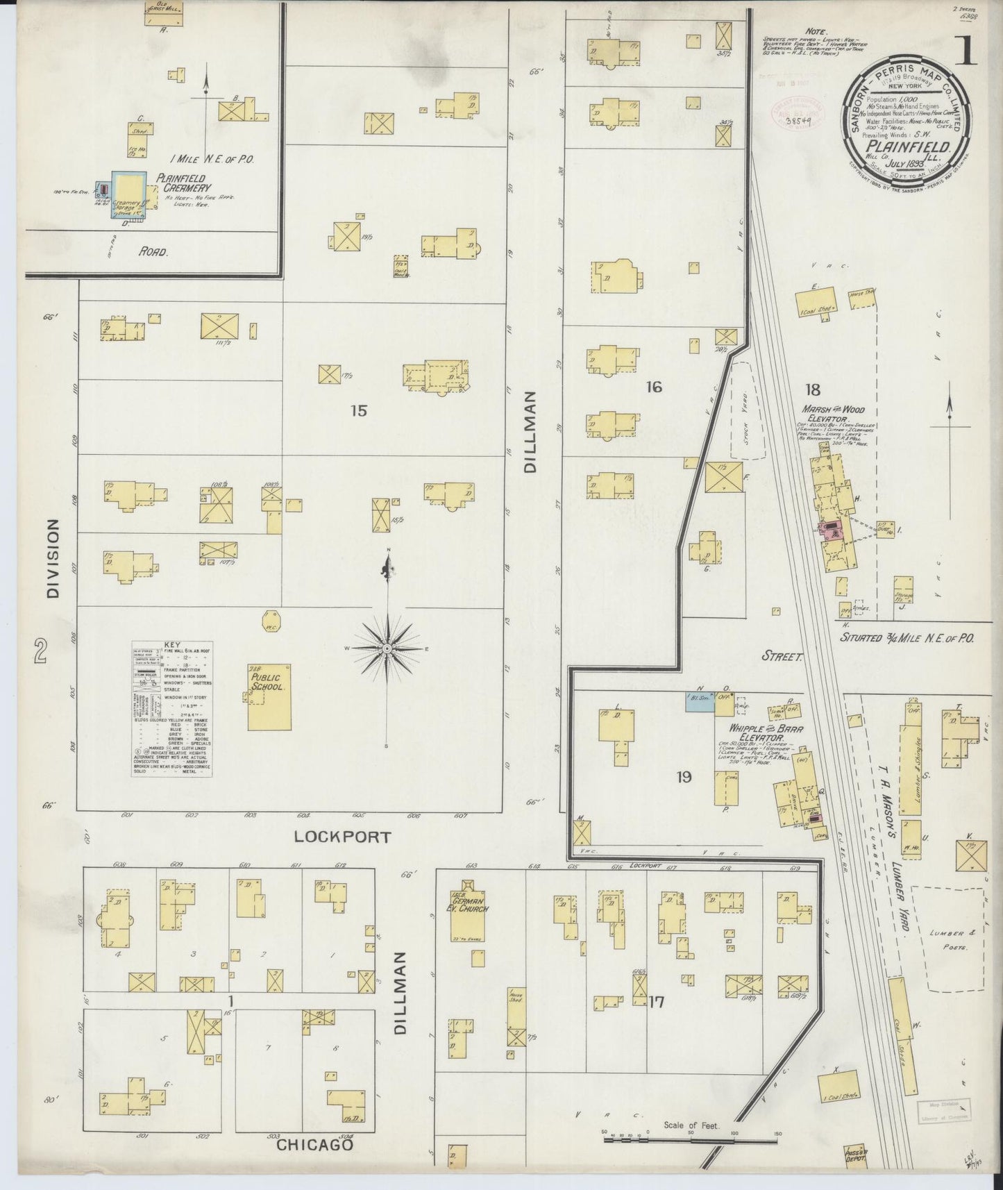 Sanborn Fire Insurance Map from Plainfield, Will County, Illinois (1893), Sheet #0001 - Historic Sanborn Fire Insurance Map Print, vintage old map wall art, antique decor, genealogy gift, Illinois Illinois map