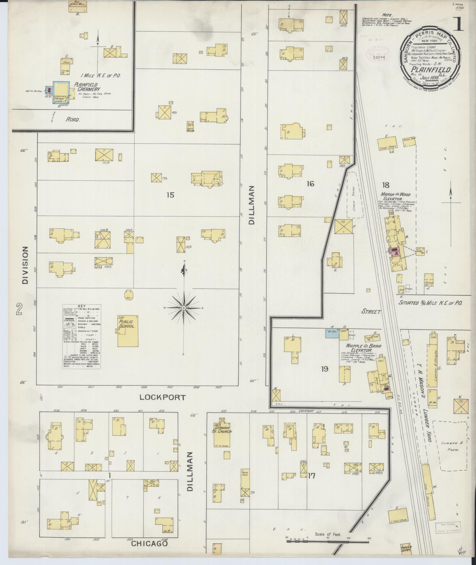 Sanborn Fire Insurance Map from Plainfield, Will County, Illinois (1893), Sheet #0001 - Historic Sanborn Fire Insurance Map Print, vintage old map wall art, antique decor, genealogy gift, Illinois Illinois map