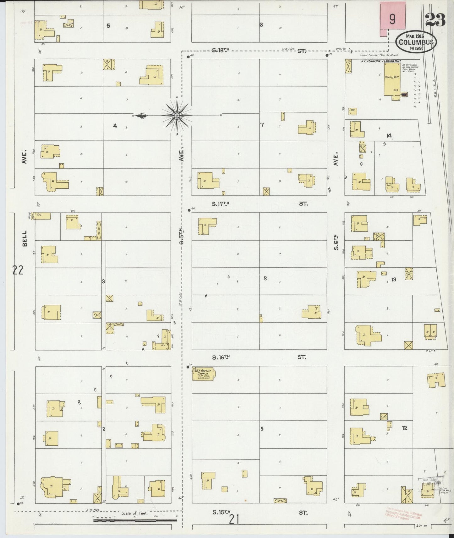 Sanborn Fire Insurance Map from Columbus, Lowndes County, Mississippi (1905), Sheet #0023 - Historic Sanborn Fire Insurance Map Print, vintage old map wall art, antique decor, genealogy gift, Mississippi Mississippi map