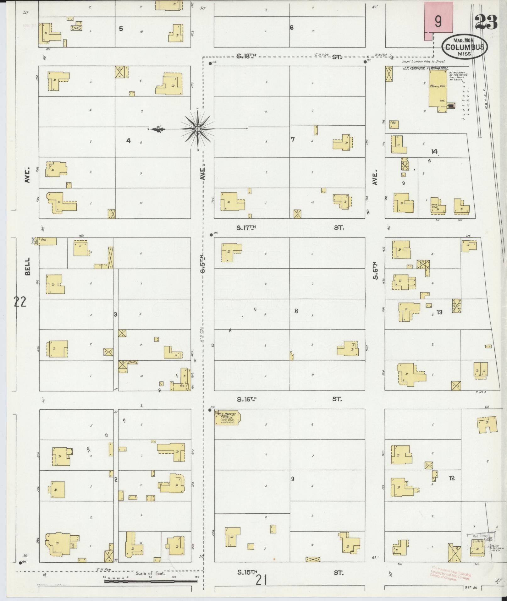 Sanborn Fire Insurance Map from Columbus, Lowndes County, Mississippi (1905), Sheet #0023 - Historic Sanborn Fire Insurance Map Print, vintage old map wall art, antique decor, genealogy gift, Mississippi Mississippi map