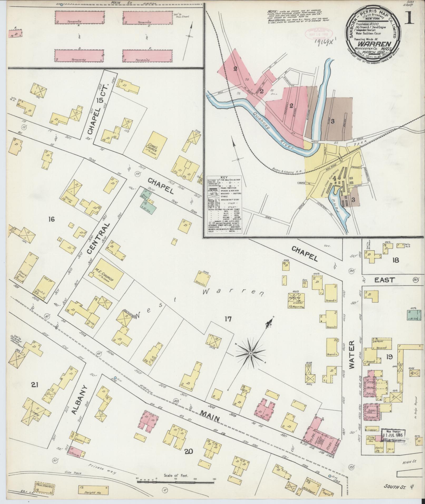 Sanborn Fire Insurance Map from Warren, Worcester County, Massachusetts. (1892) – Historic Sanborn Fire Insurance Map Print