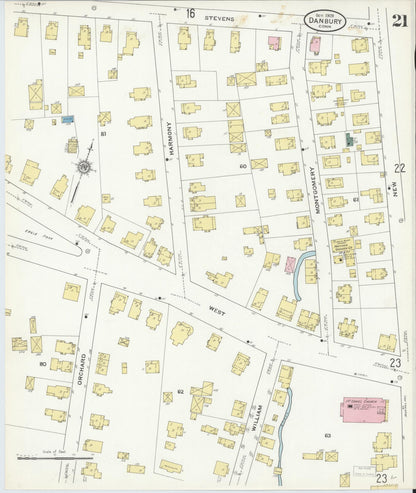 Sanborn Fire Insurance Map from Danbury, Fairfield County, Connecticut (1909), Sheet #0021 - Complete Map Set gallery image, historic Sanborn map, vintage wall art, Connecticut Connecticut