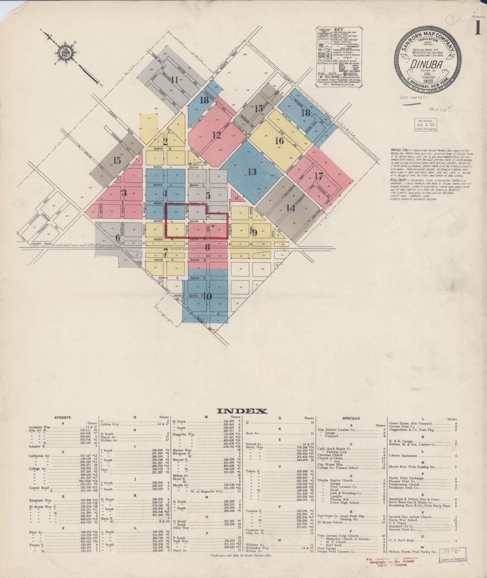 Sanborn Fire Insurance Map from Dinuba, Tulare County, California. (1920) – Historic Sanborn Fire Insurance Map Print