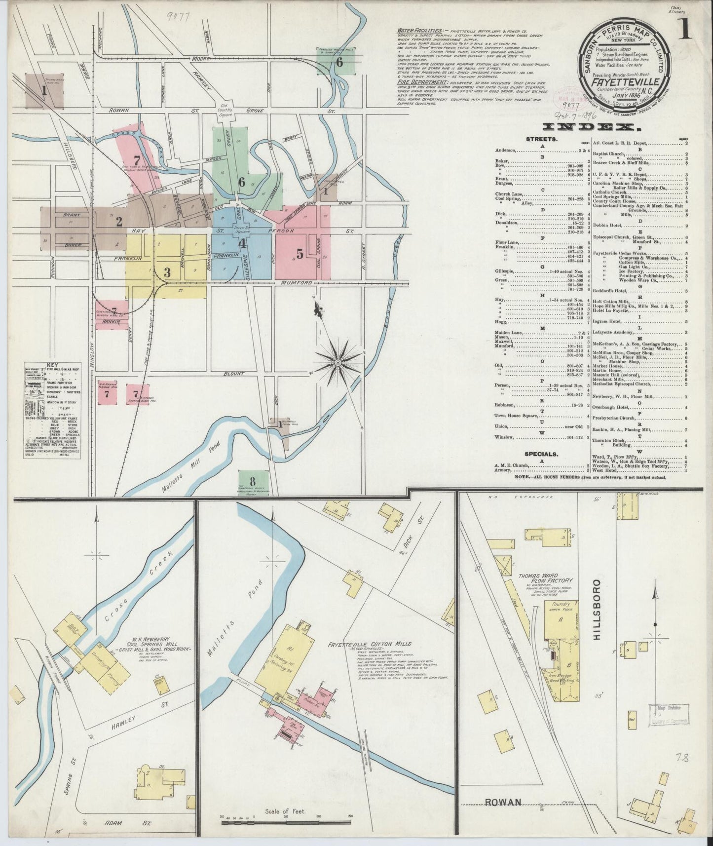 Sanborn Fire Insurance Map from Fayetteville, Cumberland County, North Carolina (1896), Sheet #0001 - Historic Sanborn Fire Insurance Map Print, vintage old map wall art, antique decor, genealogy gift, North Carolina North Carolina map