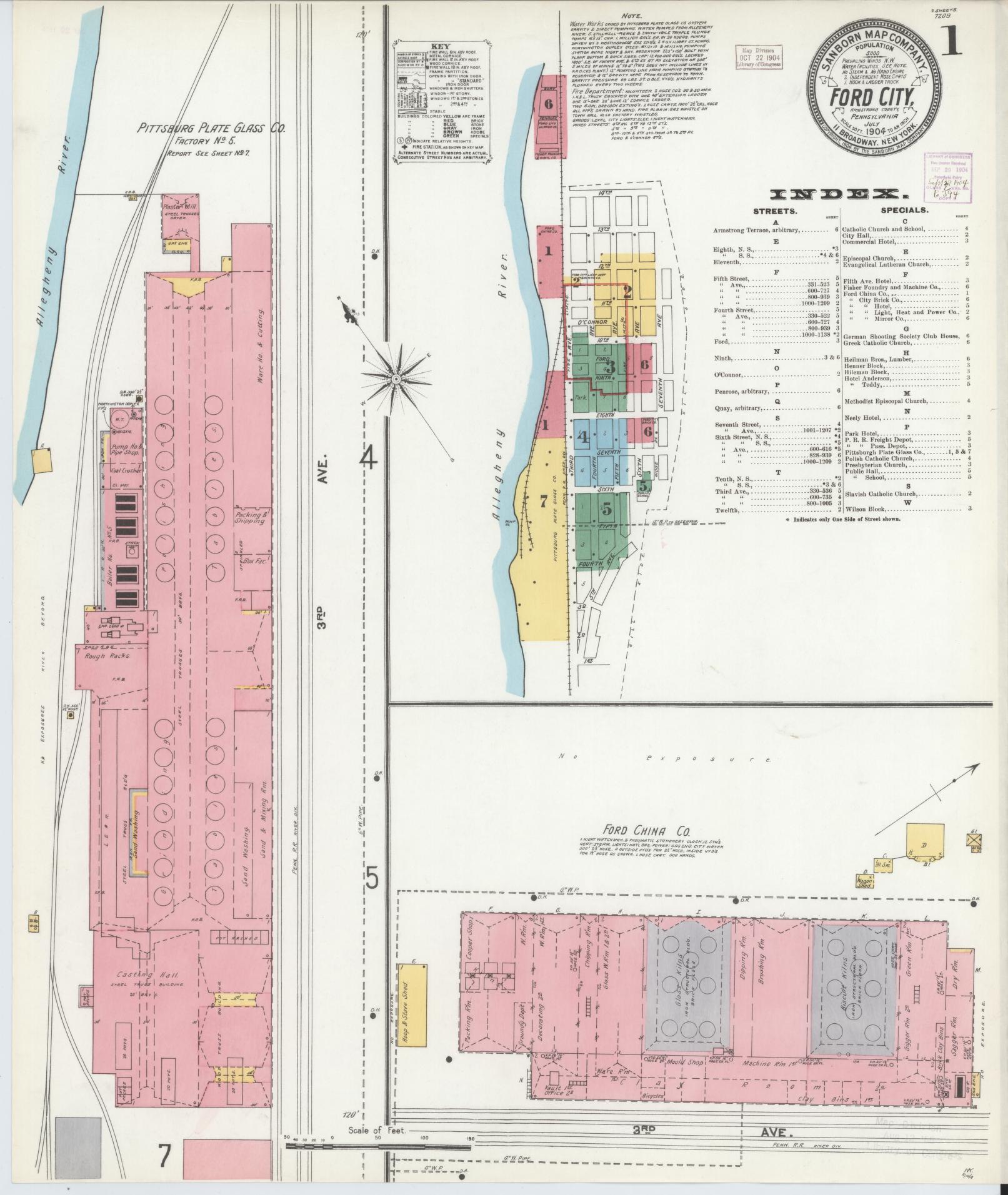 Sanborn Fire Insurance Map from Ford City, Armstrong County, Pennsylvania (1904), Sheet #0001 - Historic Sanborn Fire Insurance Map Print, vintage old map wall art, antique decor, genealogy gift, Pennsylvania Pennsylvania map