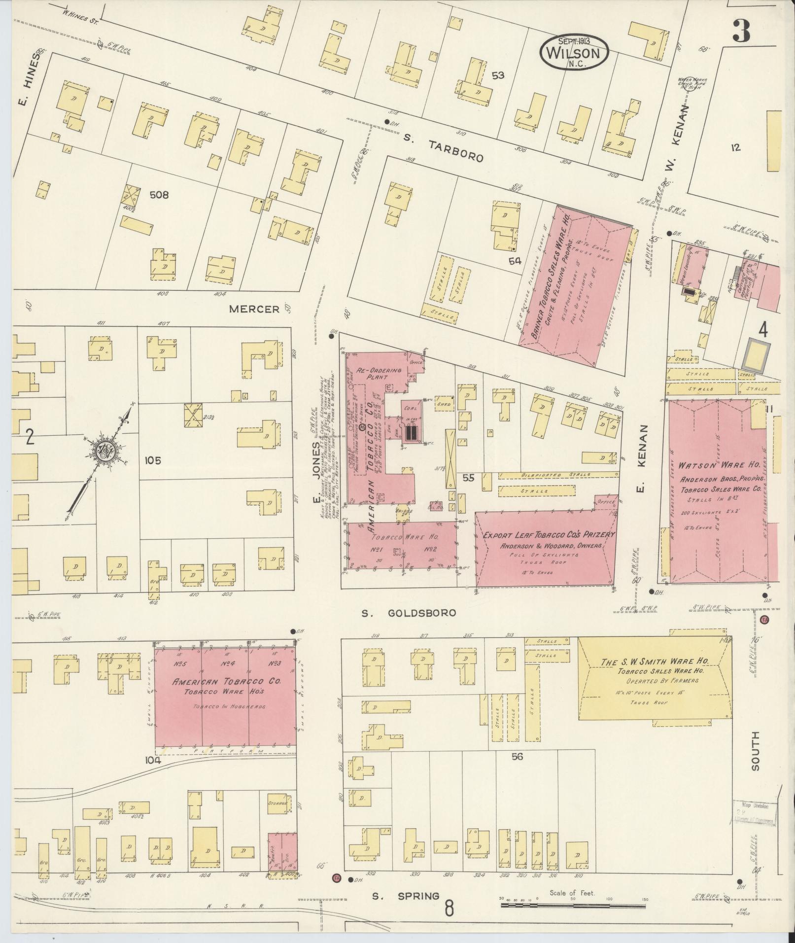 Sanborn Fire Insurance Map from Wilson, Wilson County, North Carolina (1913), Sheet #0003 - Complete Map Set gallery image, historic Sanborn map, vintage wall art, North Carolina North Carolina