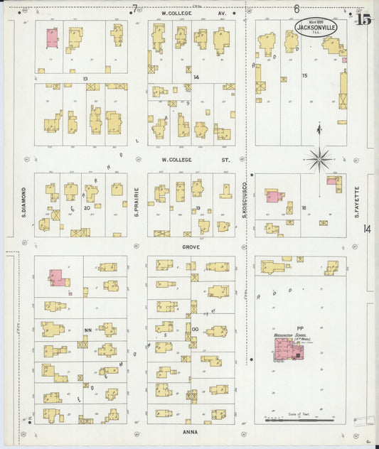 Sanborn Fire Insurance Map from Jacksonville, Morgan County, Illinois (1899), Sheet #0015 - Historic Sanborn Fire Insurance Map Print, vintage old map wall art, antique decor, genealogy gift, Illinois Illinois map