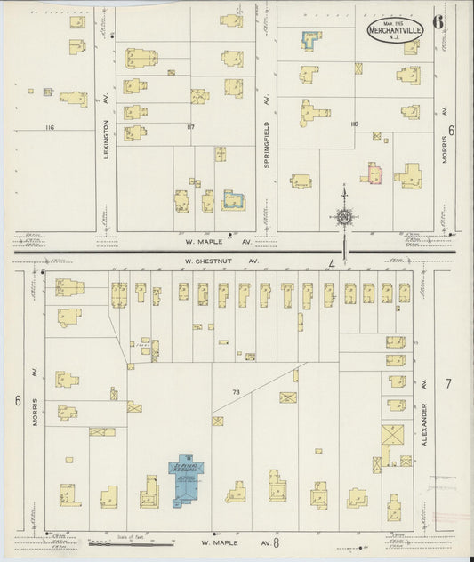 Sanborn Fire Insurance Map from Merchantville, Camden County, New Jersey (1915), Sheet #0006 - Historic Sanborn Fire Insurance Map Print, vintage old map wall art, antique decor, genealogy gift, New Jersey New Jersey map