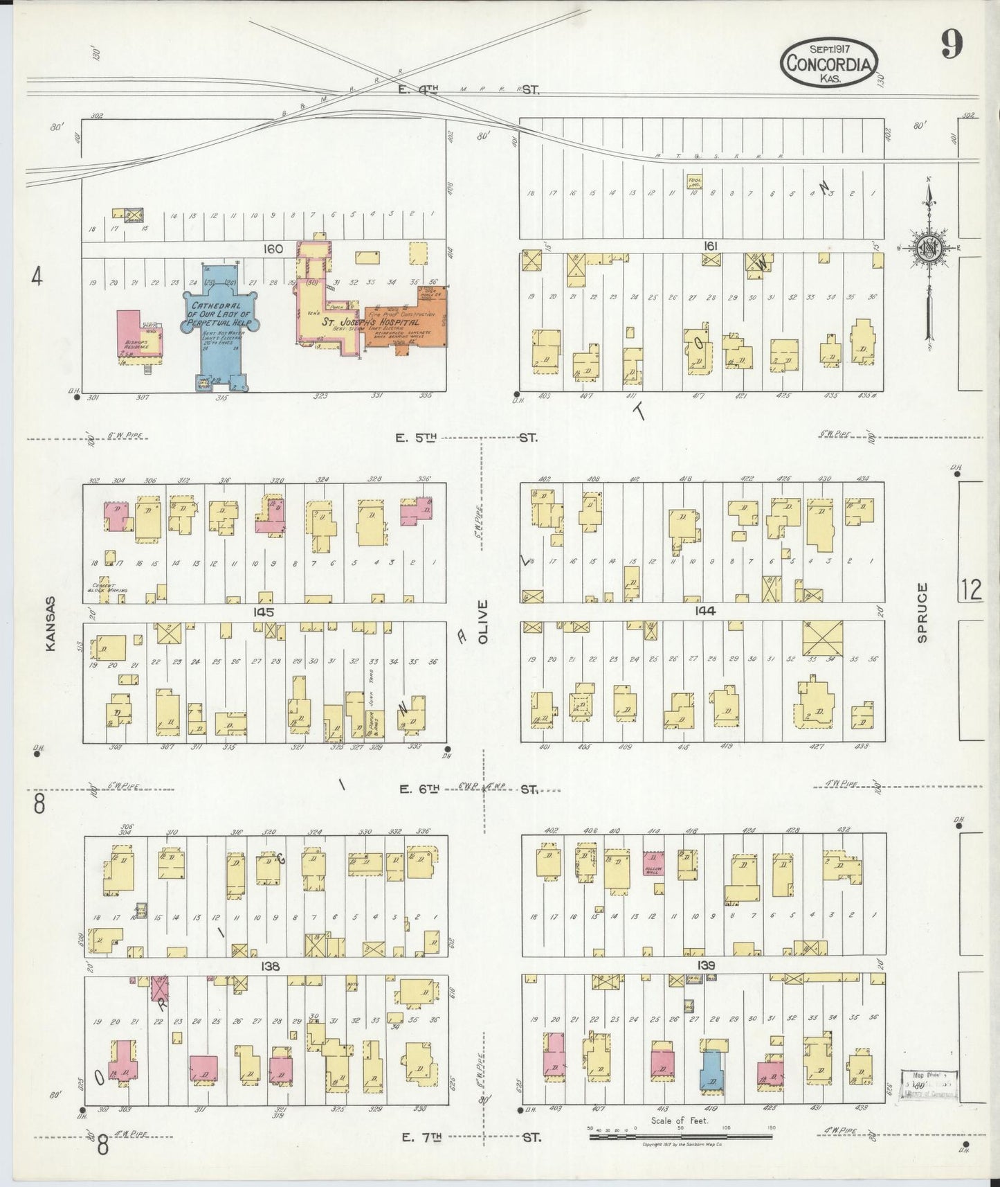 Sanborn Fire Insurance Map from Concordia, Cloud County, Kansas (1917), Sheet #0009 - Complete Map Set gallery image, historic Sanborn map, vintage wall art, Kansas Kansas